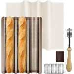 Baguette Bread Pan, Perforated French Bread Tray - 3 Loaf Nonstick Baking Sheet with Proofing Cloth & Dough Cutter Kit, Home Baker Supplies(15x11 Inch Gold)
