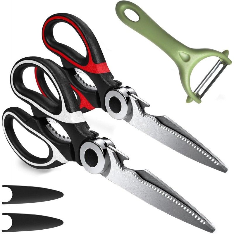 2Pcs Kitchen Scissors with Peeler - Heavy Duty Stainless Steel, Multipurpose Ultra Sharp Food Kitchen Shears for Meat, Poultry, Vegetables, Fruits, Herbs, Pizza - Ergonomic Grip, Dishwasher Safe