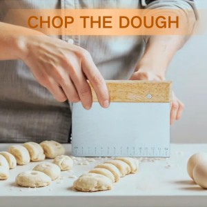 Basic Multi-Purpose Stainless Steel Scraper/Pizza Cutter/Spice Cutter/Premium Bread Knife/Dough Scoring Knife/Baking Accessories/Wooden Handle Contour Handle, 6 Inch, Natural Wood Color