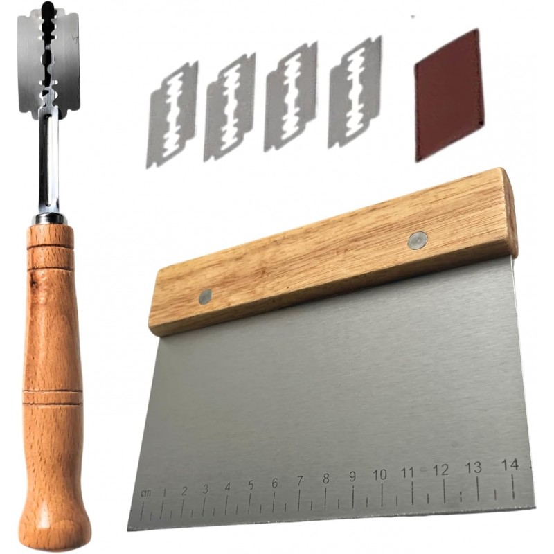 Basic Multi-Purpose Stainless Steel Scraper/Pizza Cutter/Spice Cutter/Premium Bread Knife/Dough Scoring Knife/Baking Accessories/Wooden Handle Contour Handle, 6 Inch, Natural Wood Color