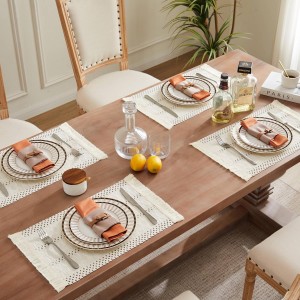 ZeeMart Macrame Style Boho Placemats Set of 4, Ivory Decorative Natural Farmhouse Cotton Woven Place Mats Home Decor for Kitchen Dining Table