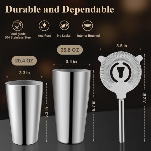 Stainless Steel Cocktail Shaker, 3-Piece Mixology Bartender kit, Bar Set with 18oz & 28oz Mixed Drink Shaker, Cocktail Tin Hawthorne Strainer