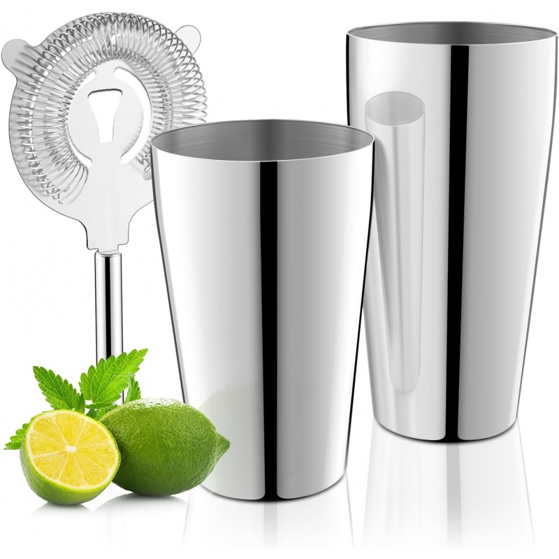 Stainless Steel Cocktail Shaker, 3-Piece Mixology Bartender kit, Bar Set with 18oz & 28oz Mixed Drink Shaker, Cocktail Tin Hawthorne Strainer