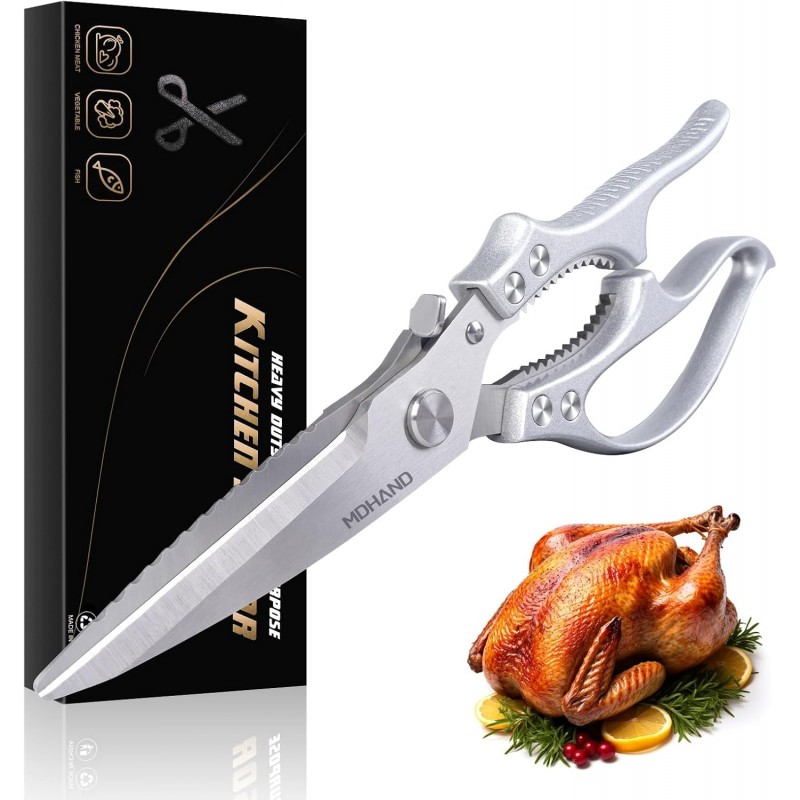 MDHAND Heavy Duty Poultry Shears, Kitchen Food Scissors All Purpose for Meat Cutting, Chicken Fish Fruit Vegetables, Dishwasher Safe Kitchen Shears with Anti-Slip Handle & Safety Lock, Spring Loaded
