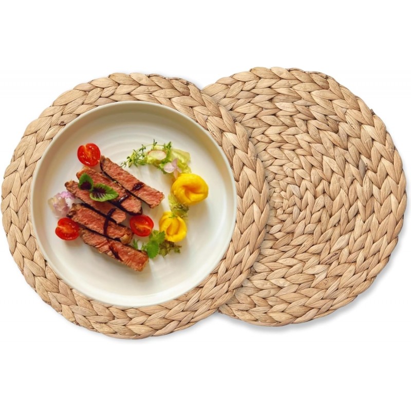 Round Woven Placemats Set of 2, Natural Wicker Place mats, Boho Farmhouse Rustic Plate Chargers, Rattan Table Mats for Dining Table, Fall, Halloween, Thanksgiving, Christmas Decor (13 inch)