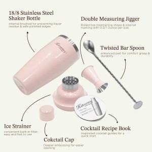 KITESSENSU Cocktail Shaker Set, Stainless Steel Martini Shaker with Bartender Strainer, Measuring Jigger, Bar Mixing Spoon, Cocktail Recipe Included, Pink