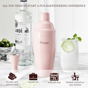 KITESSENSU Cocktail Shaker Set, Stainless Steel Martini Shaker with Bartender Strainer, Measuring Jigger, Bar Mixing Spoon, Cocktail Recipe Included, Pink