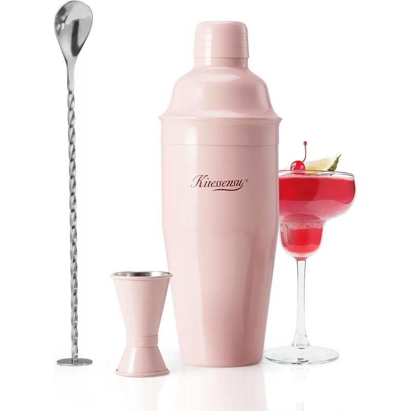 KITESSENSU Cocktail Shaker Set, Stainless Steel Martini Shaker with Bartender Strainer, Measuring Jigger, Bar Mixing Spoon, Cocktail Recipe Included, Pink