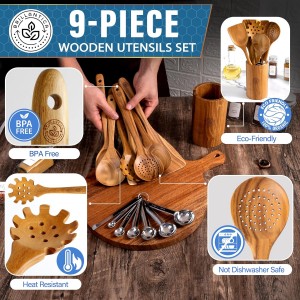 Complete 9-Piece Wooden Kitchen Utensil Set with Holder and Stainless Steel Measuring Spoons - Non-Toxic Wood Spatulas for Cooking, Safe for Non-Stick & Cast Iron Cookware