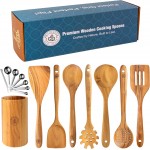 Complete 9-Piece Wooden Kitchen Utensil Set with Holder and Stainless Steel Measuring Spoons - Non-Toxic Wood Spatulas for Cooking, Safe for Non-Stick & Cast Iron Cookware