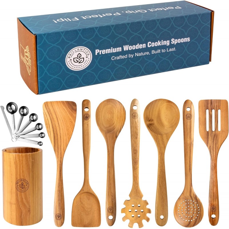 Complete 9-Piece Wooden Kitchen Utensil Set with Holder and Stainless Steel Measuring Spoons - Non-Toxic Wood Spatulas for Cooking, Safe for Non-Stick & Cast Iron Cookware