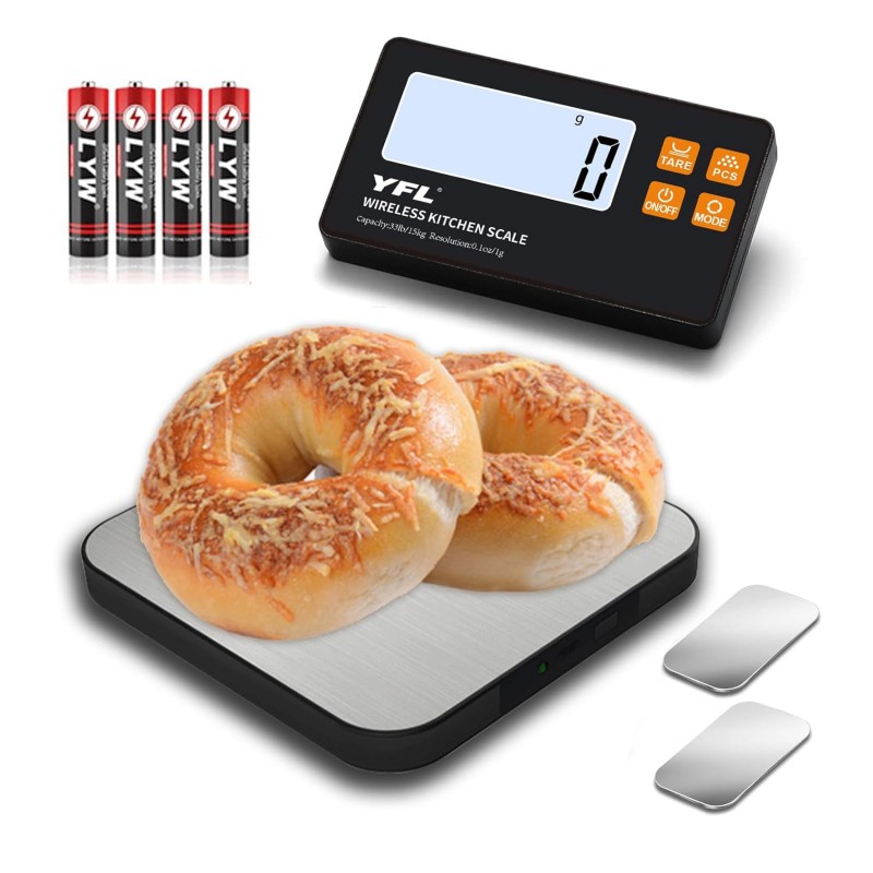 YFL Wireless Kitchen Scale with Detachable Remote Display, 33lb High Precision Digital Scale 1g/0.1oz, Tare Function 7 Units Food Scale for Cooking, Baking, Meal Prep & Dieting