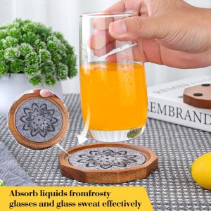 Wood Coasters for Drinks Absorbent with Lip, 4.3 Inch Acacia Wood Grey Felt Coaster with Holder for Wooden Coffee Table for Cups, Mugs, and Glasses - Set of 6