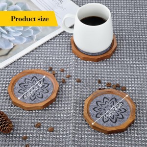 Wood Coasters for Drinks Absorbent with Lip, 4.3 Inch Acacia Wood Grey Felt Coaster with Holder for Wooden Coffee Table for Cups, Mugs, and Glasses - Set of 6