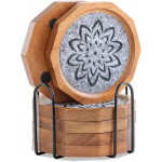 Wood Coasters for Drinks Absorbent with Lip, 4.3 Inch Acacia Wood Grey Felt Coaster with Holder for Wooden Coffee Table for Cups, Mugs, and Glasses - Set of 6