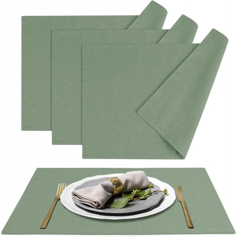 MANSPHIL Sage Green Fabric Placemats Set of 4 - Washable Thick Faux Linen Table Place Mats Wrinkle Free Dining Kitchen Easter Decor - 13x19 Inch Oeko Tex Placemat