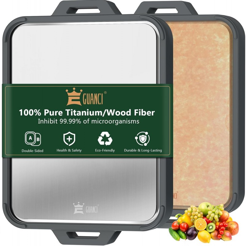 Titanium Cutting Board for Kitchen, Double Sided Pure Titanium and Wood Fiber Cutting Board with Juice Groove, Food Grade Material, for Chopping Meat/Vegetables/Fruit Dishwasher Safe 16"×11"