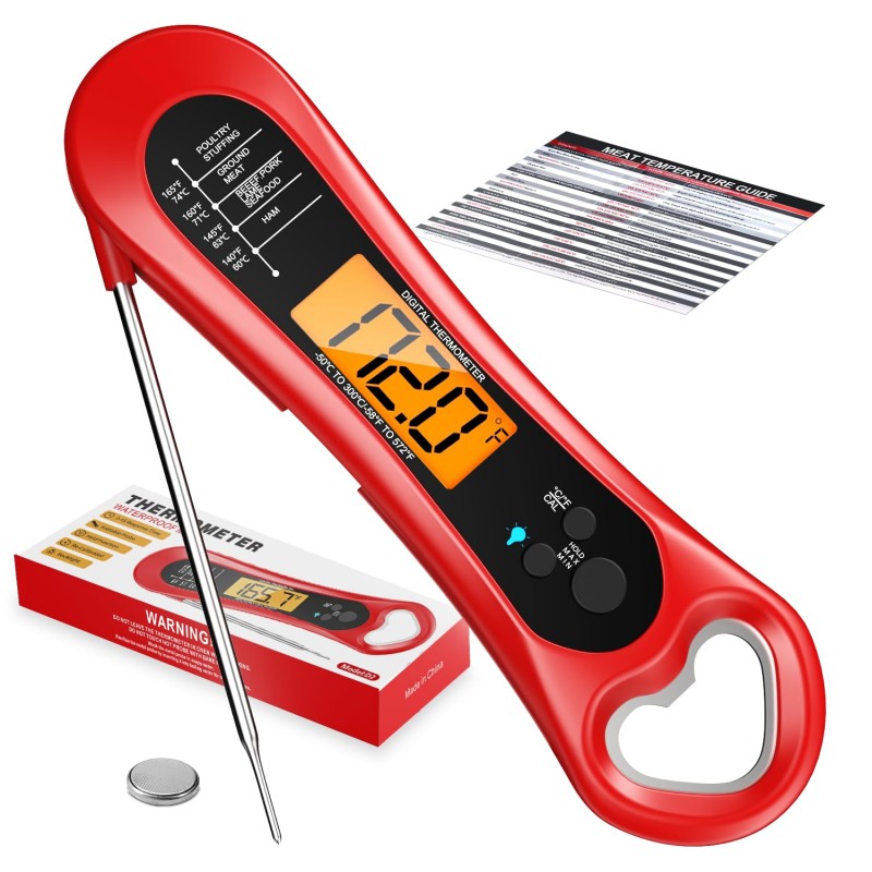 Meat Thermometer Digital, Instant Read Meat Thermometer for Grill and Cooking, with Bottle Opener, Backlight & Calibration Food Thermometer, Kitchen Gadgets for BBQ, Turkey, Candy, Liquids