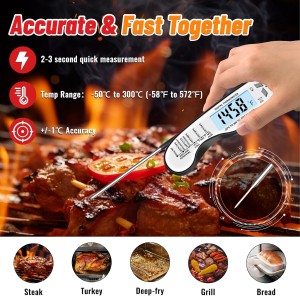 Meat Thermometer, IP67 Waterproof Digital Meat Thermometer with Backlight, Hold Function & Magnet for Grill, BBQ, Candy, Beef,Turkey