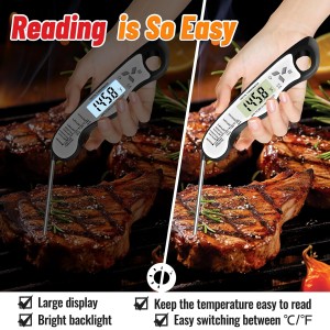 Meat Thermometer, IP67 Waterproof Digital Meat Thermometer with Backlight, Hold Function & Magnet for Grill, BBQ, Candy, Beef,Turkey