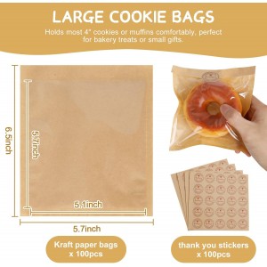 SUREHOME Cookie Bags Small Brown Paper Bags with Window 100 Pcs Thank You Stickers 5.7 x 6.5 Inch Individual Heat Sealable Kraft Bakery Bags for Gift Giving, Treats, Snacks, Baked Goods Packaging