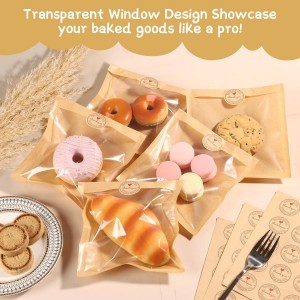 SUREHOME Cookie Bags Small Brown Paper Bags with Window 100 Pcs Thank You Stickers 5.7 x 6.5 Inch Individual Heat Sealable Kraft Bakery Bags for Gift Giving, Treats, Snacks, Baked Goods Packaging