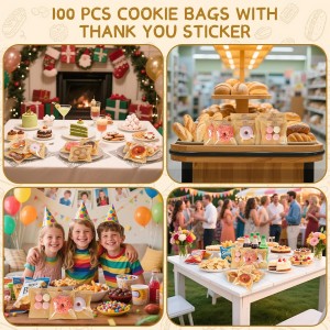 SUREHOME Cookie Bags Small Brown Paper Bags with Window 100 Pcs Thank You Stickers 5.7 x 6.5 Inch Individual Heat Sealable Kraft Bakery Bags for Gift Giving, Treats, Snacks, Baked Goods Packaging