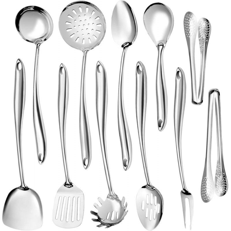 304 Stainless Steel Kitchen Utensils Set,11 Pcs Stainless Steel Cooking Utensils Set, Long Metal Cooking Utensil Gadgets Tools Set with Spatula, Spoon,Skimmer,Tongs etc (Dishwasher Safe)