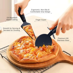 Pizza Cutter and Server Set - 9.25 Inch Sharp Stainless Steel Blade (430) with Finger Guard & Non-Slip Handle - Dishwasher Safe Pizza Slicer for Crusts and Pies
