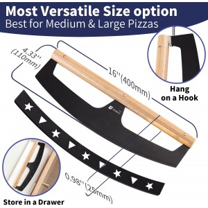 16-Inch Pizza Cutter Rocker Blade, Food Grade Stainless Steel Slicing Knife & Sharp, Rust-Proof, Stylish Rubberwood Wood Handle, Protective Cover - Professional Pizza Oven Accessories, Black