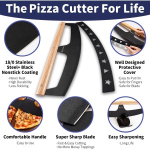 16-Inch Pizza Cutter Rocker Blade, Food Grade Stainless Steel Slicing Knife & Sharp, Rust-Proof, Stylish Rubberwood Wood Handle, Protective Cover - Professional Pizza Oven Accessories, Black