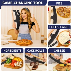 16-Inch Pizza Cutter Rocker Blade, Food Grade Stainless Steel Slicing Knife & Sharp, Rust-Proof, Stylish Rubberwood Wood Handle, Protective Cover - Professional Pizza Oven Accessories, Black