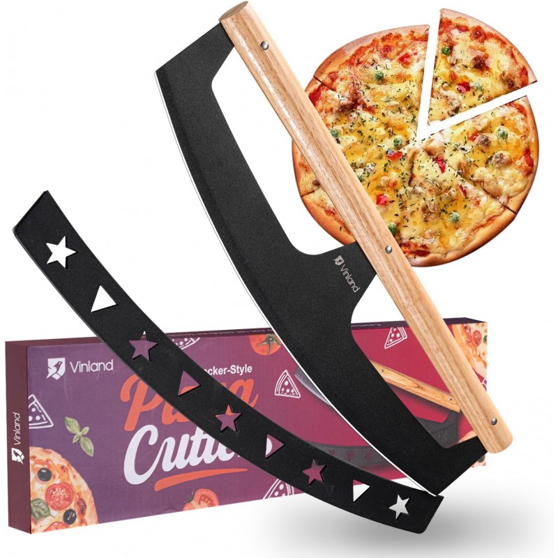 16-Inch Pizza Cutter Rocker Blade, Food Grade Stainless Steel Slicing Knife & Sharp, Rust-Proof, Stylish Rubberwood Wood Handle, Protective Cover - Professional Pizza Oven Accessories, Black