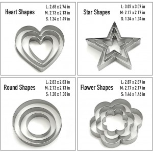 Stainless Steel Cookie Cutters Set 12Pcs - Heart, Flower, Round, Five Star Shapes - Small to Mini Size, Metal Biscuit Cutter Molds for Baking or Holiday Party Decorations