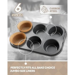 2 Pack Jumbo Muffin Pan for Baking, Extra Large Cupcake Pan includes 50 Natural Jumbo Cupcake Liners, Muffin Tin Nonstick 6 Cup, Baking Pans Set, Carbon Steel Baking Supplies