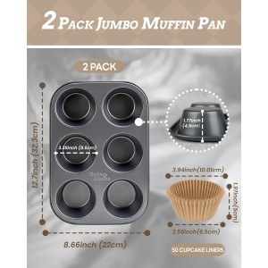 2 Pack Jumbo Muffin Pan for Baking, Extra Large Cupcake Pan includes 50 Natural Jumbo Cupcake Liners, Muffin Tin Nonstick 6 Cup, Baking Pans Set, Carbon Steel Baking Supplies