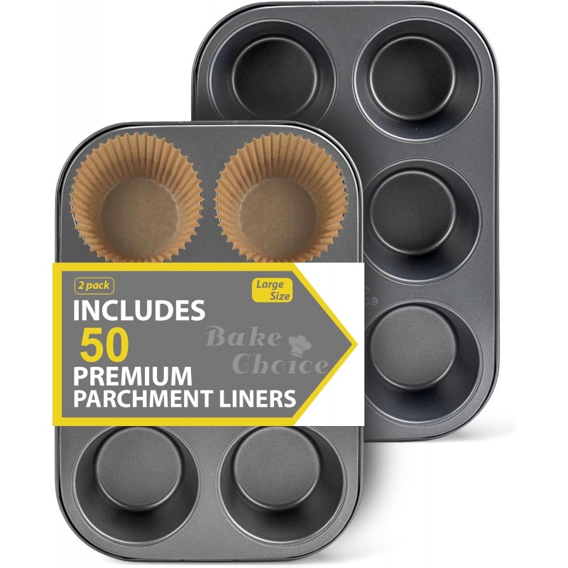 2 Pack Jumbo Muffin Pan for Baking, Extra Large Cupcake Pan includes 50 Natural Jumbo Cupcake Liners, Muffin Tin Nonstick 6 Cup, Baking Pans Set, Carbon Steel Baking Supplies