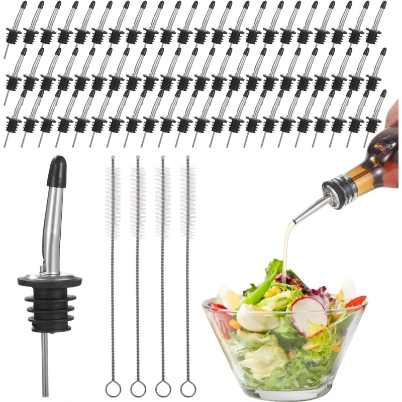 yeesport 100 PCS Stainless Steel Bottle Pourers, Tapered Liquor Pour Spout with Dust Cap for Wine Oil Vinegar Spirits, Air Vent for Smooth Flow, Includes 4 Cleaning Brushes, Bar & Kitchen Supplies