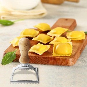 Ravioli Stamp Maker Cutter with Wood Handle, Fluted Edge Ravioli Maker Press, Manual Pasta Molds Stamps Pasta Cutter Wheel (Square)
