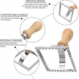 Ravioli Stamp Maker Cutter with Wood Handle, Fluted Edge Ravioli Maker Press, Manual Pasta Molds Stamps Pasta Cutter Wheel (Square)