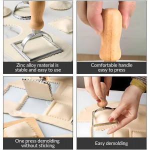 Ravioli Stamp Maker Cutter with Wood Handle, Fluted Edge Ravioli Maker Press, Manual Pasta Molds Stamps Pasta Cutter Wheel (Square)