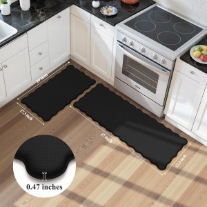 KIMODE Scalloped Kitchen Mats for Floor Cushioned Anti Fatigue,Wavy Kitchen Sink Rugs Sets of 2 Non Slip,Comfort Memory Foam Kitchen Floor Mat Carpet for Office Laundry,Black
