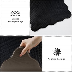KIMODE Scalloped Kitchen Mats for Floor Cushioned Anti Fatigue,Wavy Kitchen Sink Rugs Sets of 2 Non Slip,Comfort Memory Foam Kitchen Floor Mat Carpet for Office Laundry,Black