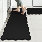 KIMODE Scalloped Kitchen Mats for Floor Cushioned Anti Fatigue,Wavy Kitchen Sink Rugs Sets of 2 Non Slip,Comfort Memory Foam Kitchen Floor Mat Carpet for Office Laundry,Black