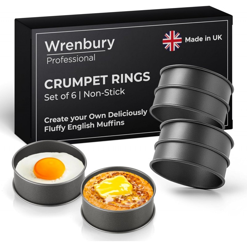 Wrenbury Crumpet Rings Nonstick 3.5 inch - English Muffin Rings - Set of 6 Food Ring Molds for Cooking – Metal Baking Egg Ring Set - Made in England