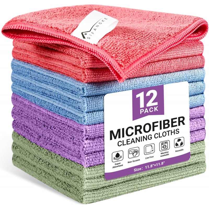 Microfiber Cleaning Cloth, 12 Pack Assorted Color Cleaning Rags for Housekeeping, Colorful Reusable Microfiber Towels for Car, Kitchen, Bathroom and Household Cleaning Supplies, 11.8