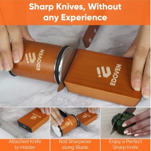 Knife Sharpener Tool – Rolling Knife Sharpener Kit with Diamond & Ceramic Discs, Magnetic 15° & 20° Angle Guide, Manual Kitchen Knife Sharpener for Steel Knives, Ideal Gift