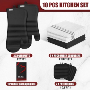 Oven Mitts and Pot Holder Sets with Silicone Grip, 500°F Heat Resistant-6 Pack Dishcloth/Dish Towels for Kitchen 100% Cotton-Value Kitchen Essentials for Cooking, Baking, Grilling-Black