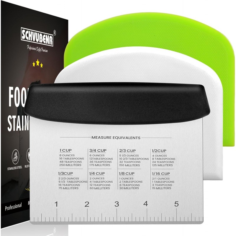 SCHVUBENR Dough Scraper Set with 2 Flexible Bowl Scrapers - Stainless Steel Dough Cutter & Bench Scraper with Measuring Scale - Versatile Kitchen Scraper for Bread, Pastry, Pizza, Cake - Black & Green