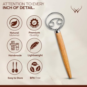 Danish Dough Whisk for sourdough 13 Inch - 304 Stainless Steel Hook with Long Wooden Handle – Essential bread whisk, artisan mixing & bread making